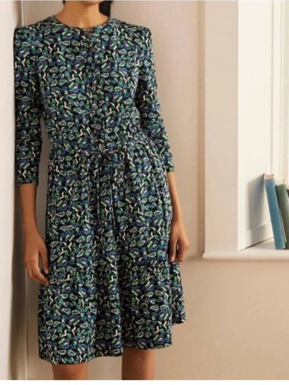 Boden Nancy Jersey Tiered Dress Floral Paisley Black Drawstring Long Sleeve 6